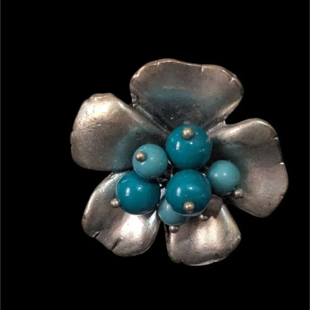 Vintage Silver Tone Flower Ring Faux Turquoise Beads Adjustable‎ Statement Ring